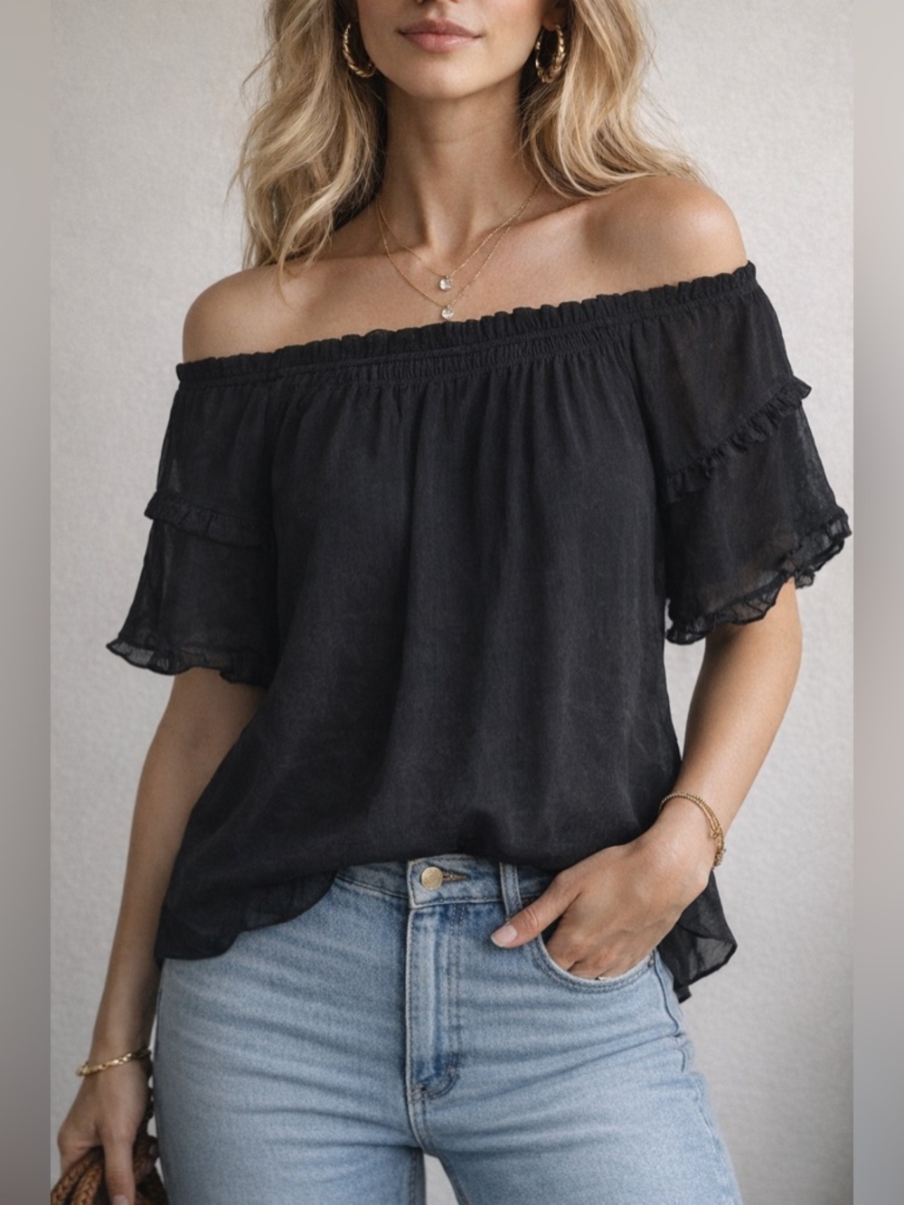 Nanette Lepore Black Elbow Sleeve Off Shoulder Blouse Top